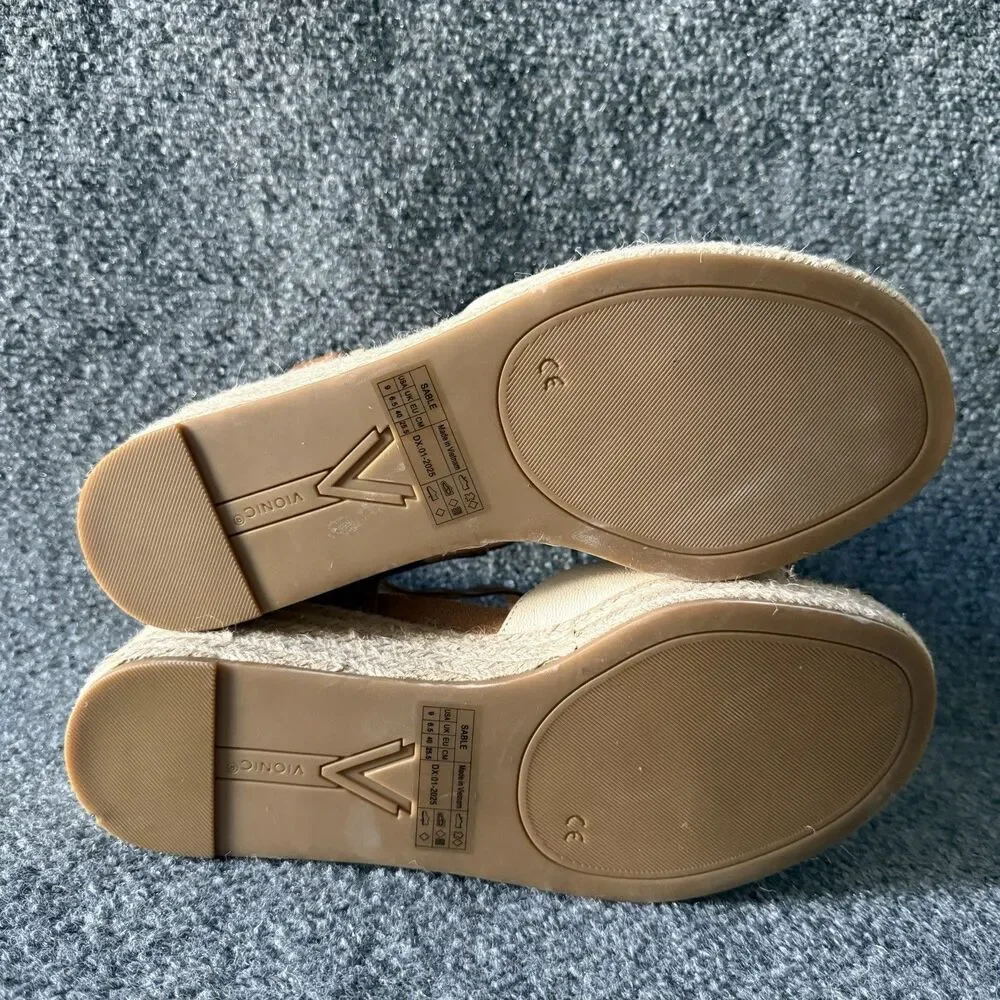 Vionic Sable Brown White Leather Espadrille Wedge Sandals Womens 9 Boho Comfort